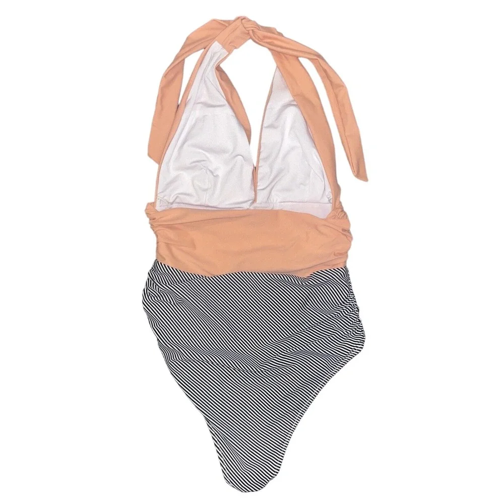 Cupshe Women's One Piece‎ Swimsuit Medium Ruching Peachy Pink Navy/White Striped